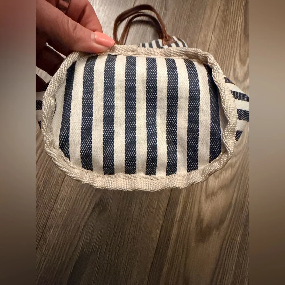 Navy Striped Wine Tote with Leather Handles